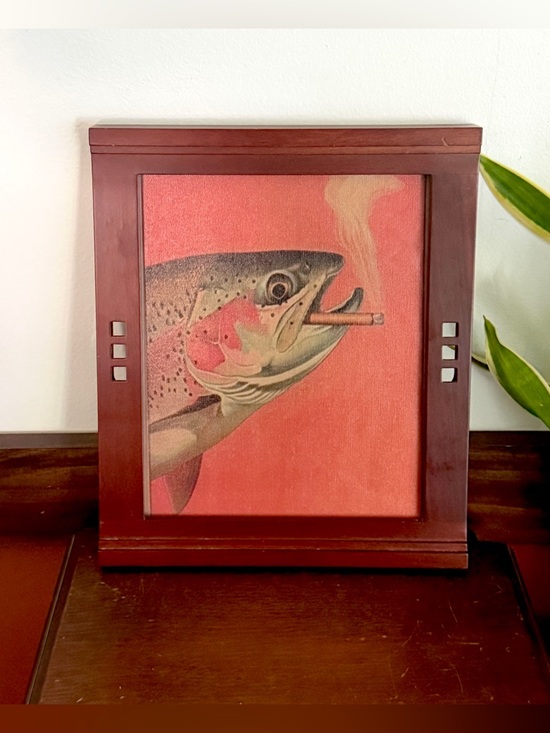 Trout Fish Smoking a Cigarette Vintage Style Canvas Wall Art Print Wood Framed